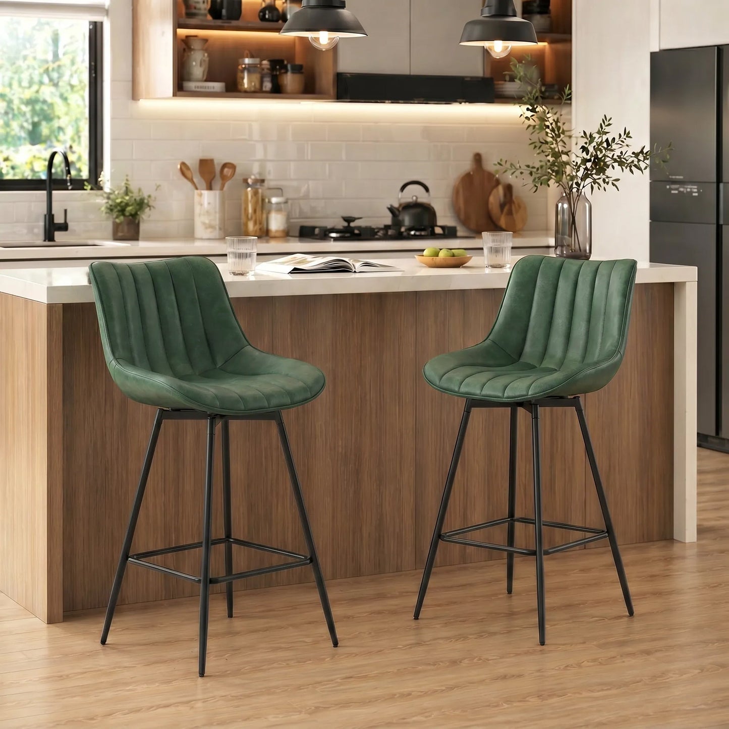 HOMCOM Set of 2 PU Leather Swivel Bar Stools - Dark Green