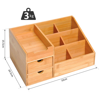 HOMCOM Desk Organiser Holder, Bamboo Multi-Function Storage Caddy with 7 Storage Compartments and 2 Drawers for Home Office Stationary Supplies, Natural Bamboo