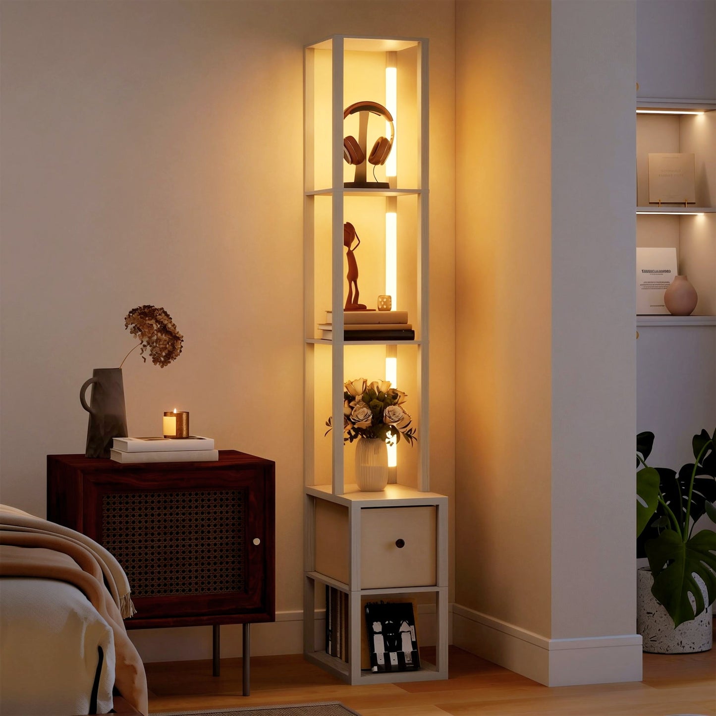 HOMCOM Floor Lamp with Shelves, LED Column Modern Standing Lamp with Fabric Drawer, Adjustable Brightness, Foot Switch for Living Room, Bedroom, Office, Oak