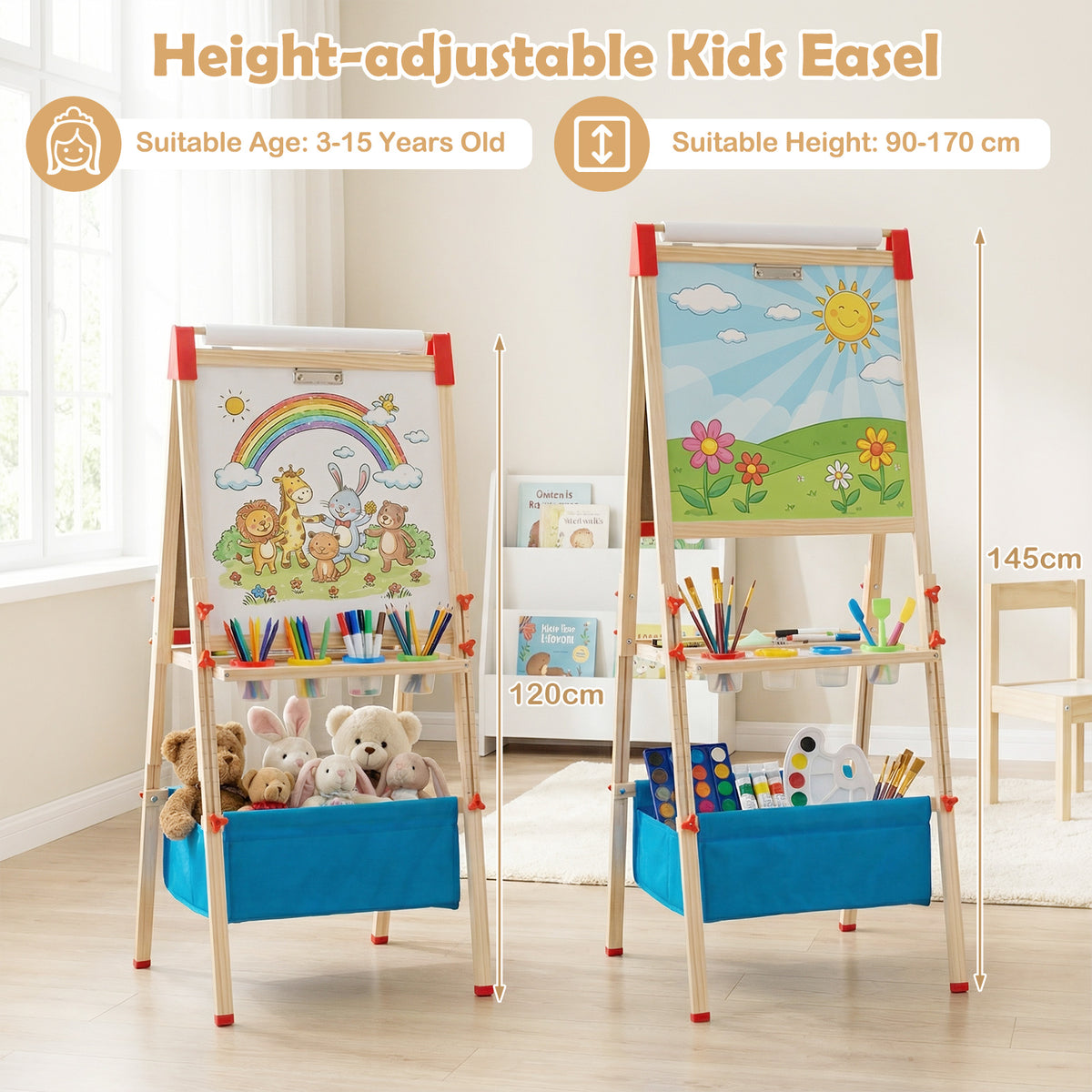 Height-adjustable kids easel shown with children and colourful drawings