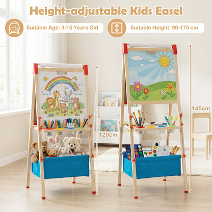 Height-adjustable kids easel shown with children and colourful drawings