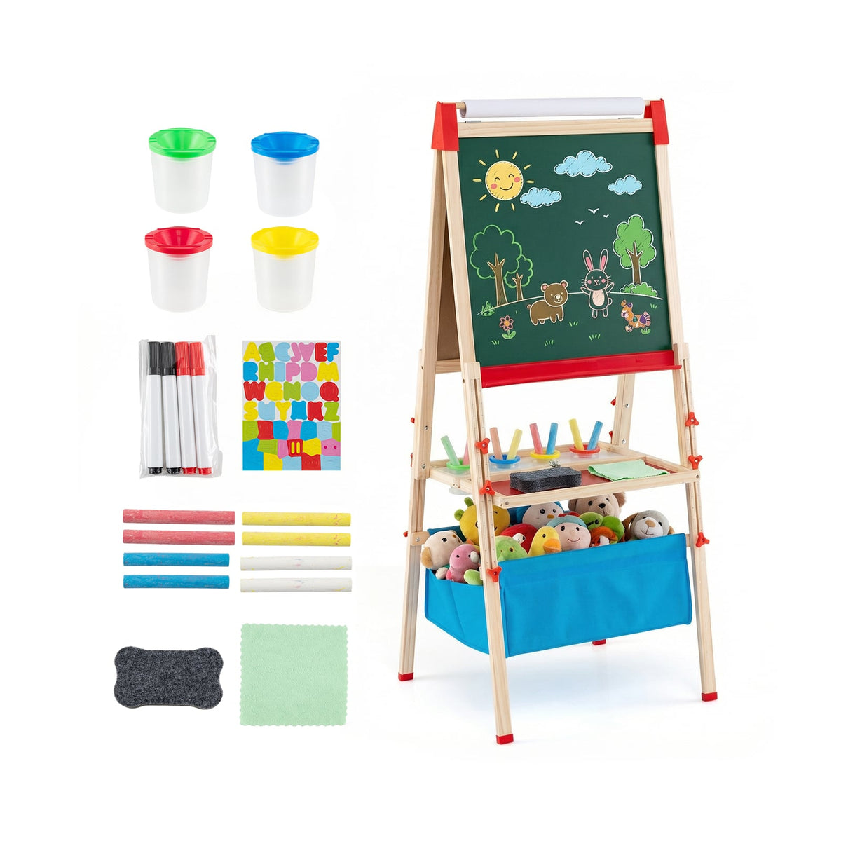 Adjustable Art Easel with Magnetic Chalkboard and Whiteboard-Colourful showing all the parts included in the box
