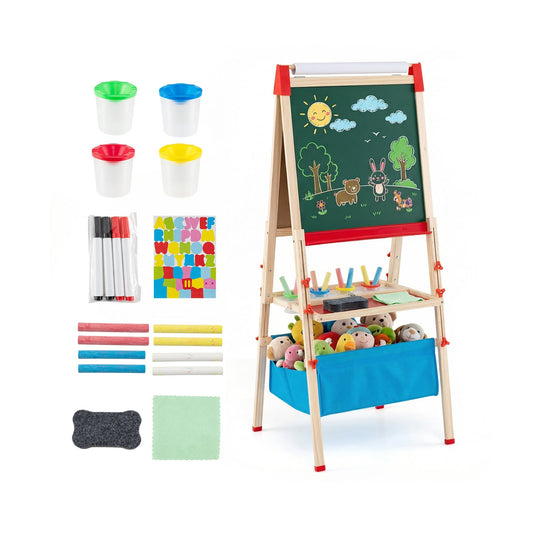 Adjustable Art Easel with Magnetic Chalkboard and Whiteboard-Colourful showing all the parts included in the box