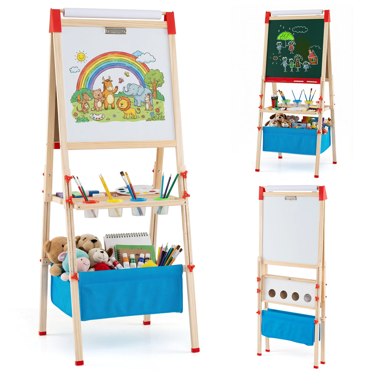 Three views of the colourful art easel, showing different angles and the whiteboard