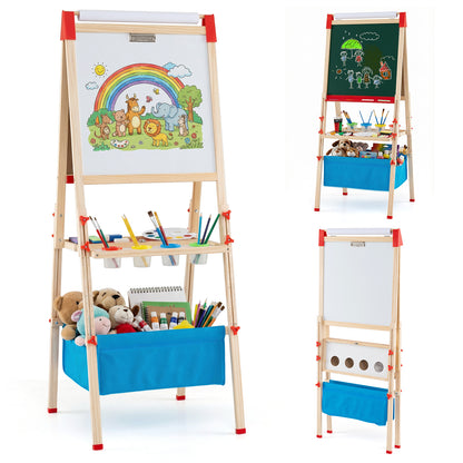 Three views of the colourful art easel, showing different angles and the whiteboard