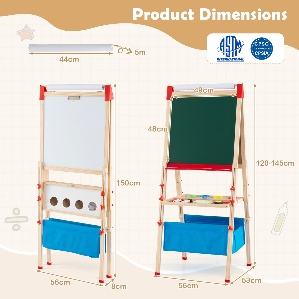 Product dimensions diagram for the colourful art easel