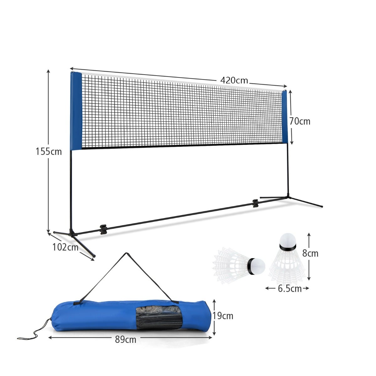 A portable badminton net set with dimensions shown and included shuttlecocks and carry bag