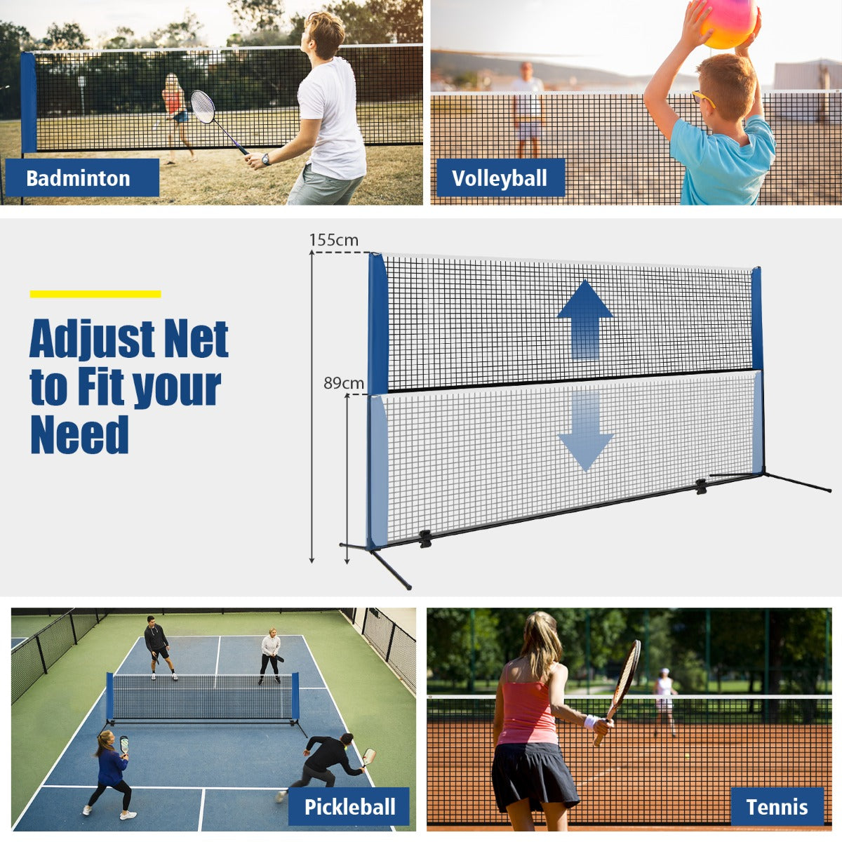 This adjustable badminton net set shows different height options for badminton, volleyball and pickleball