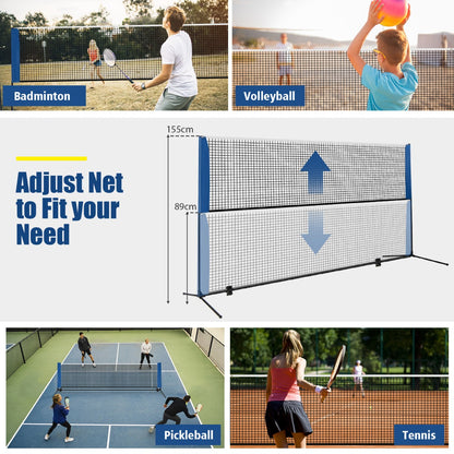 This adjustable badminton net set shows different height options for badminton, volleyball and pickleball