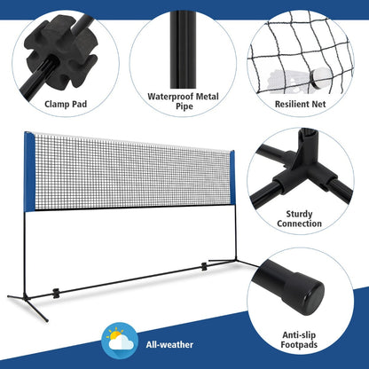 Close-ups of the portable badminton net set showing clamp pad, resilient net, sturdy connection and anti-slip footpads