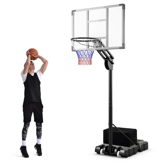 Adjustable Basketball Hoop 2.36-3.05M with shatterproof backboard and weight bag on a white background