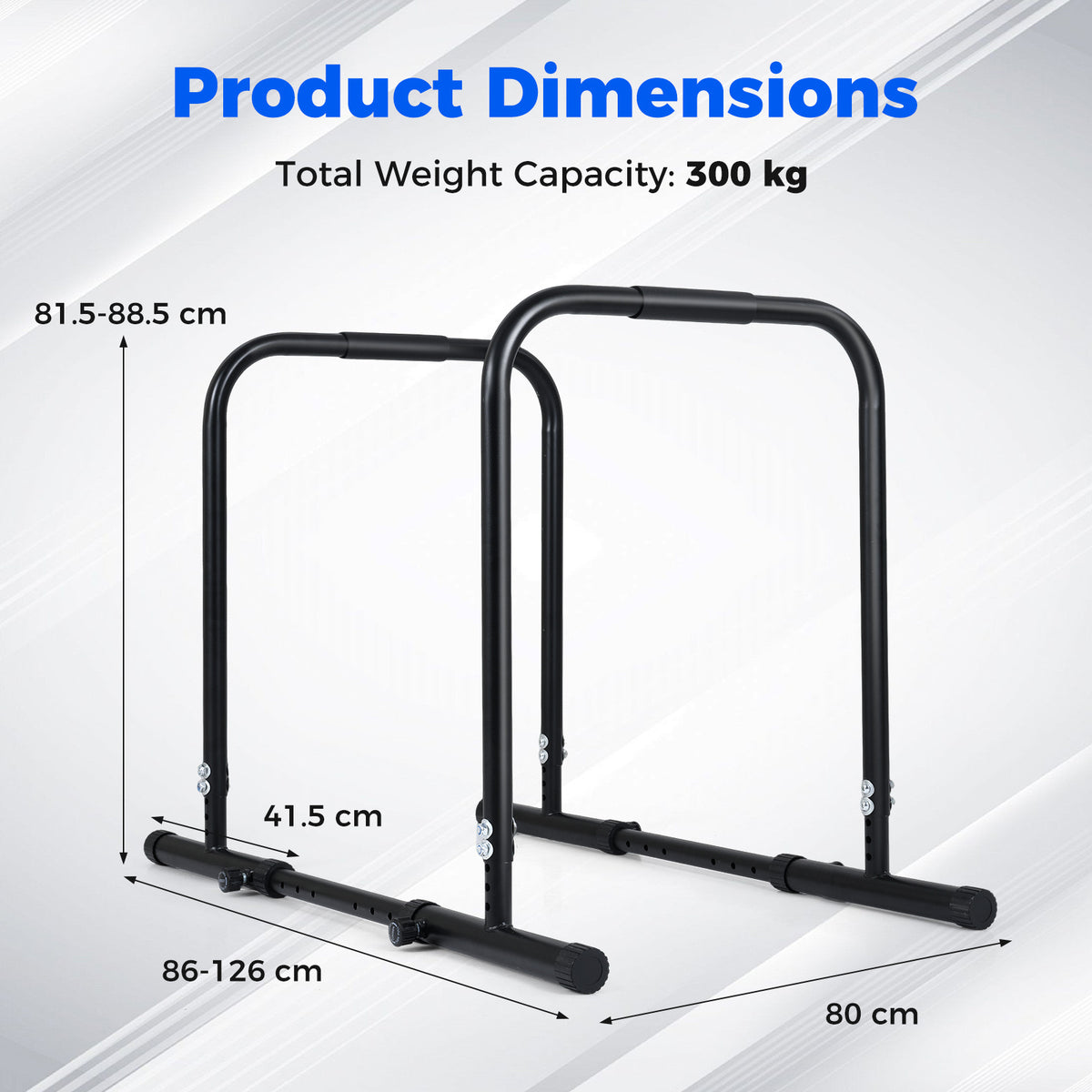 The dip bar station shown with dimensions for height, width and length