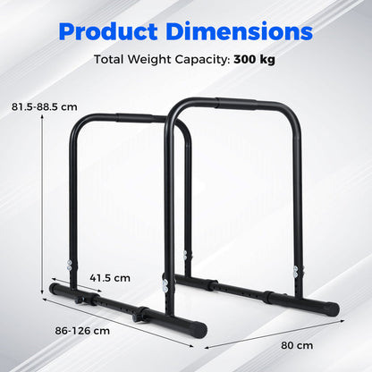 The dip bar station shown with dimensions for height, width and length