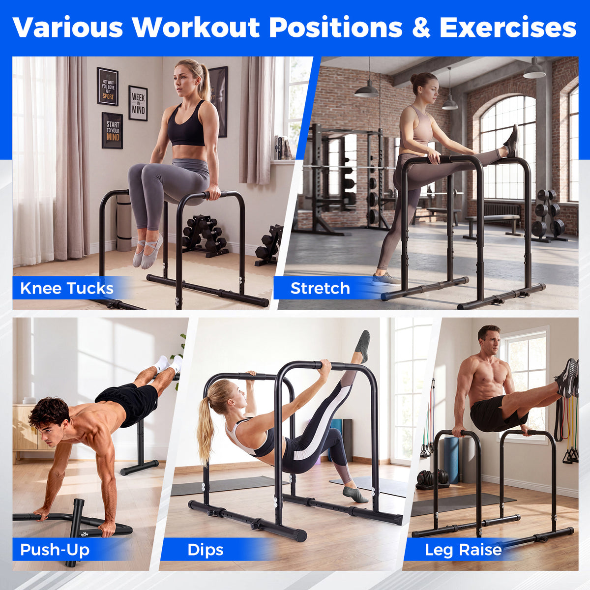 Various exercises performed on the dip bar station including knee tucks and dips