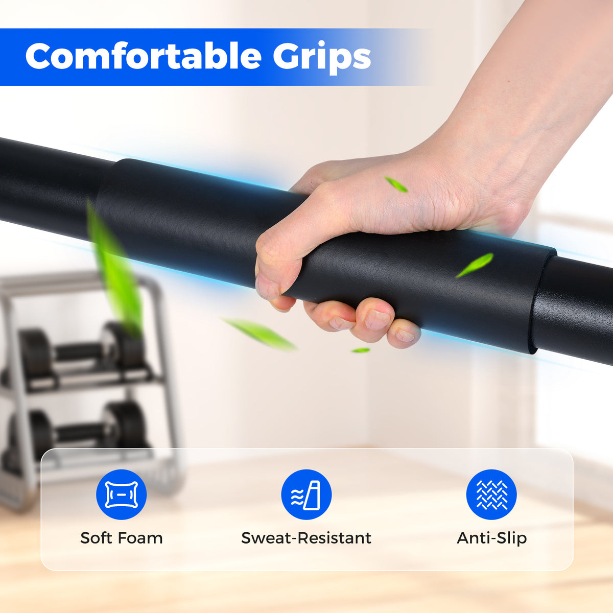 Close-up of the anti-slip foam grips on the dip bars, highlighting comfort and grip features