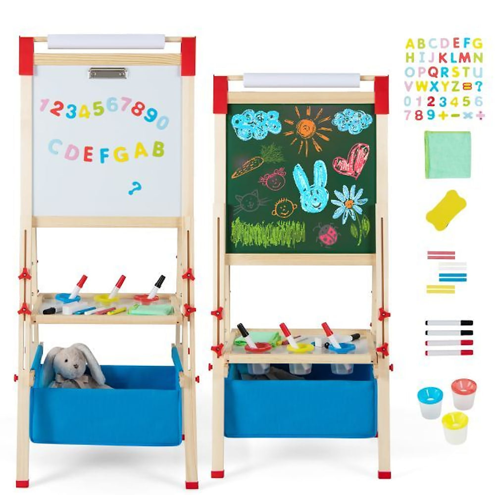 The art easel displayed with all the included magnetic letters and drawing accessories