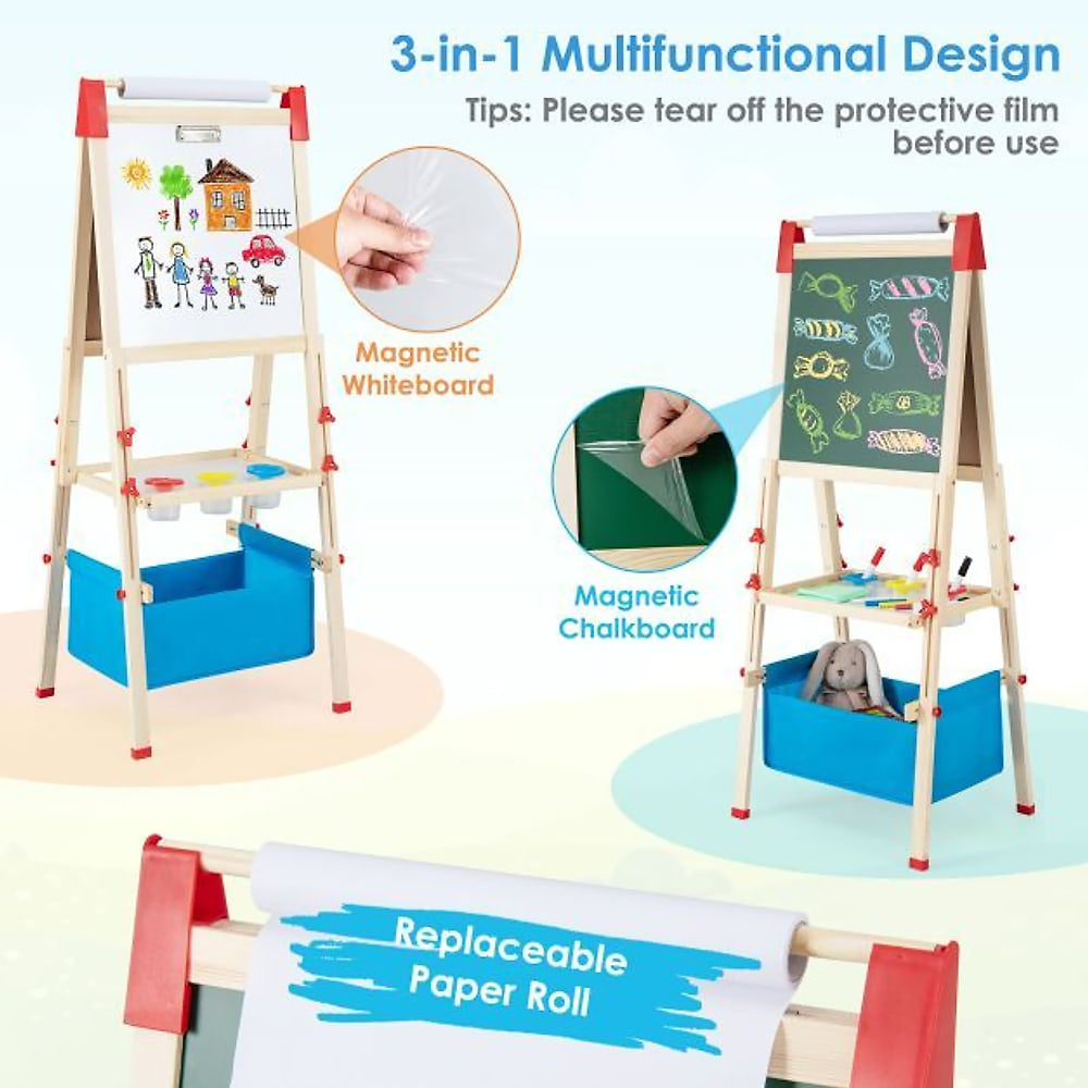 The art easel highlighting the magnetic surfaces and the replaceable paper roll feature