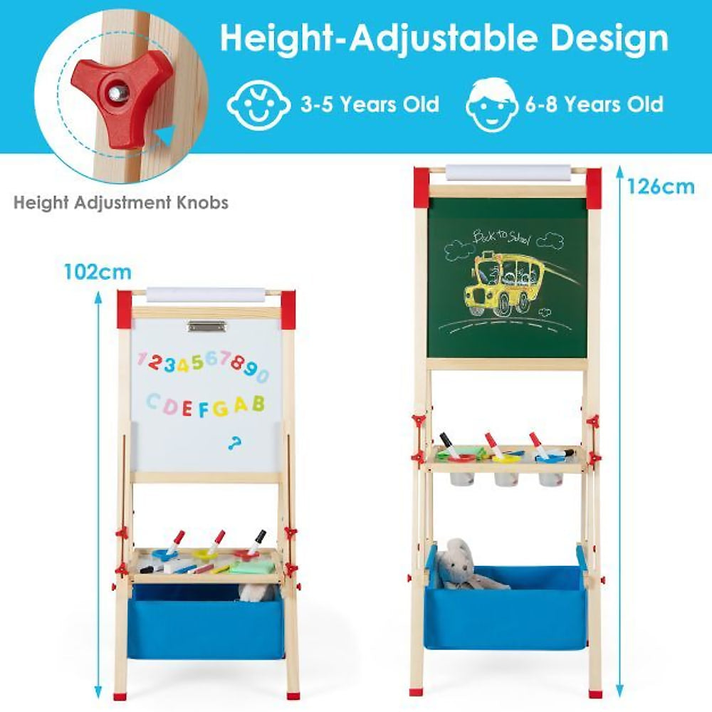 The art easel showing the height adjustment feature with red knobs and two different heights
