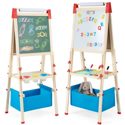 Adjustable Double Sided Kids Wooden Art Easel showing both the chalkboard and whiteboard sides