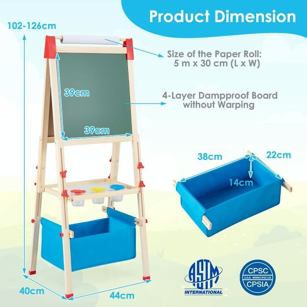 The art easel with technical diagrams showing the dimensions of the frame and storage bin