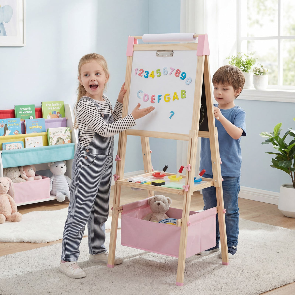 Children using the pink art easel in a bright room, one drawing on the chalkboard and the other pointing at the whiteboard