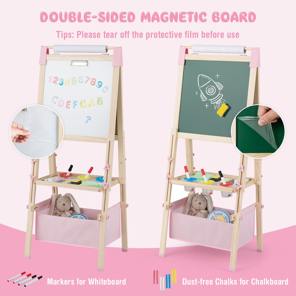 Pink wooden art easel showing the magnetic whiteboard and chalkboard sides with accessories