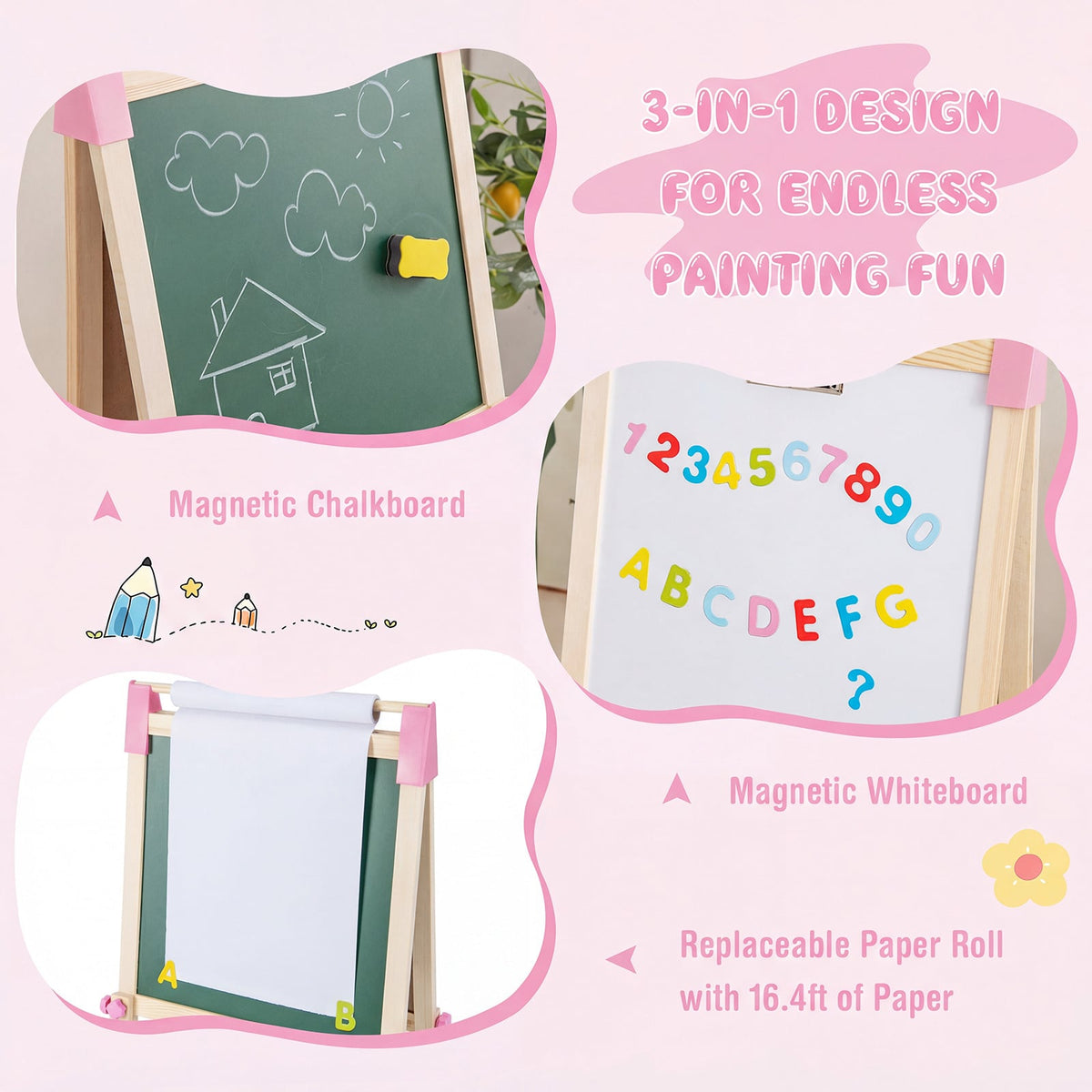 Pink kids art easel with magnetic chalkboard, magnetic whiteboard and paper roll