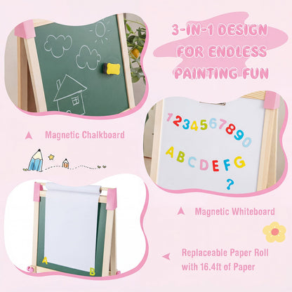 Pink kids art easel with magnetic chalkboard, magnetic whiteboard and paper roll