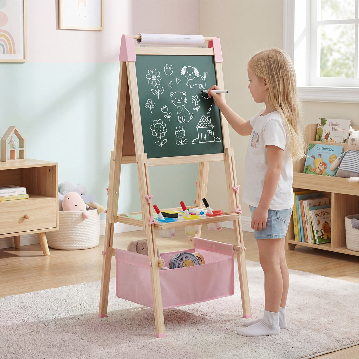 A young girl drawing on the green chalkboard side of the pink wooden art easel in a playroom