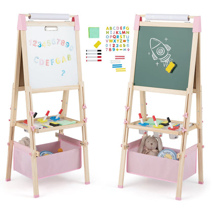 Adjustable Double Sided Kids Wooden Art Easel with a whiteboard on one side and a chalkboard on the other