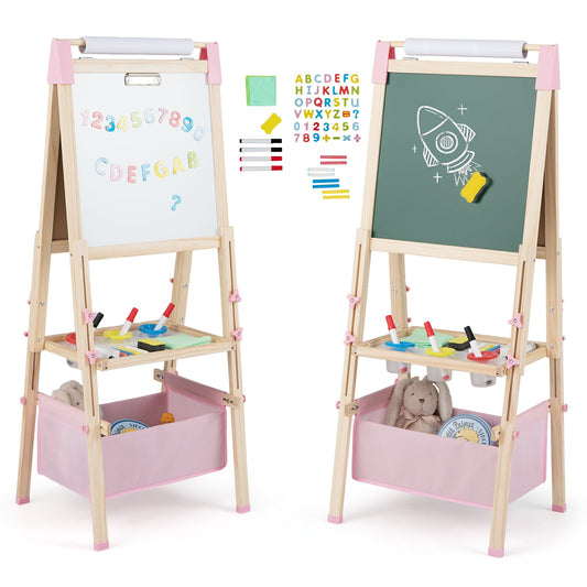 Adjustable Double Sided Kids Wooden Art Easel with a whiteboard on one side and a chalkboard on the other