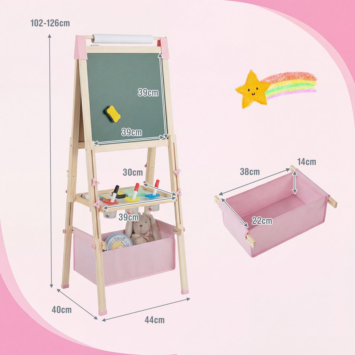 Pink wooden art easel with dimensions shown for height, width, and storage bin size