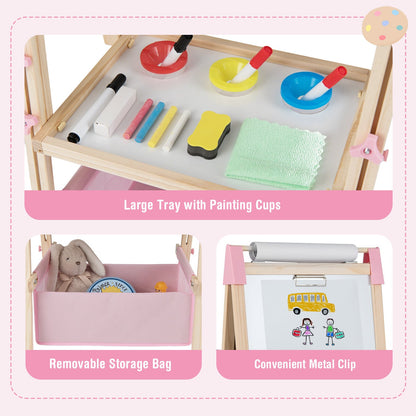 Close up of the art easel tray with painting cups and a removable storage bag below