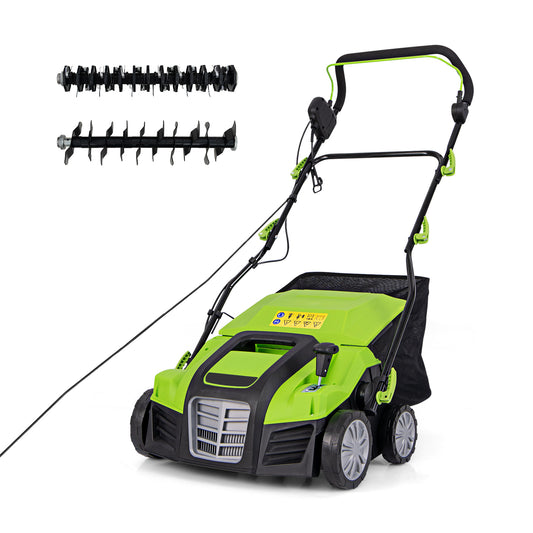 Adjustable Electric Dethatcher and Scarifier Folding Walk-Behind Weeder in green with two scarifying drums shown above