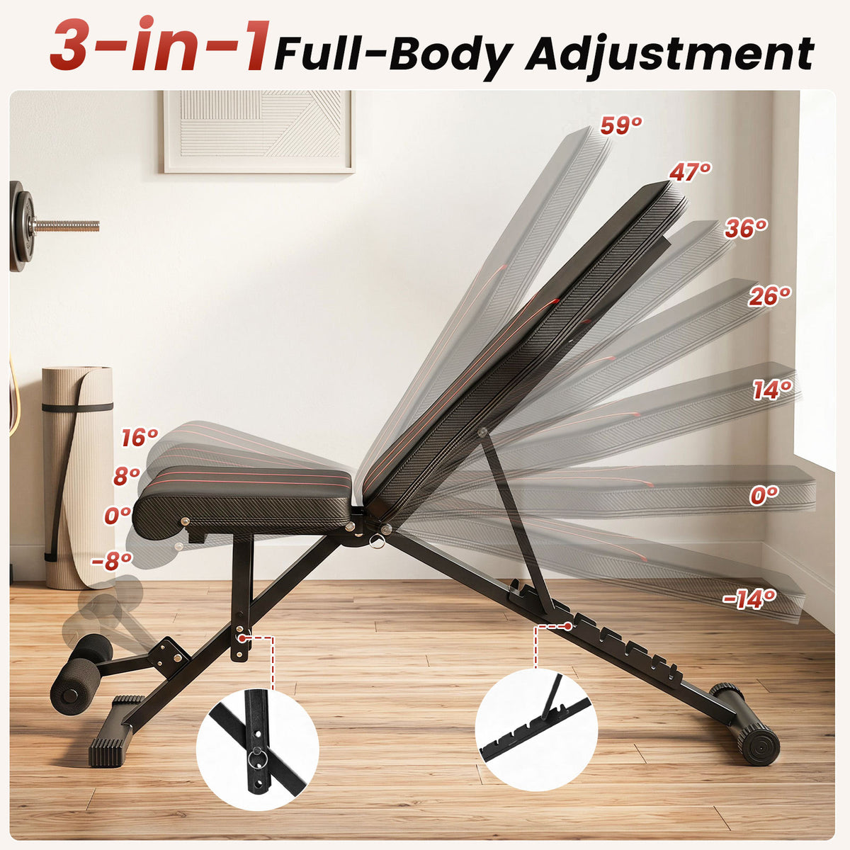 The adjustable bench showing different backrest angles and adjustment mechanisms