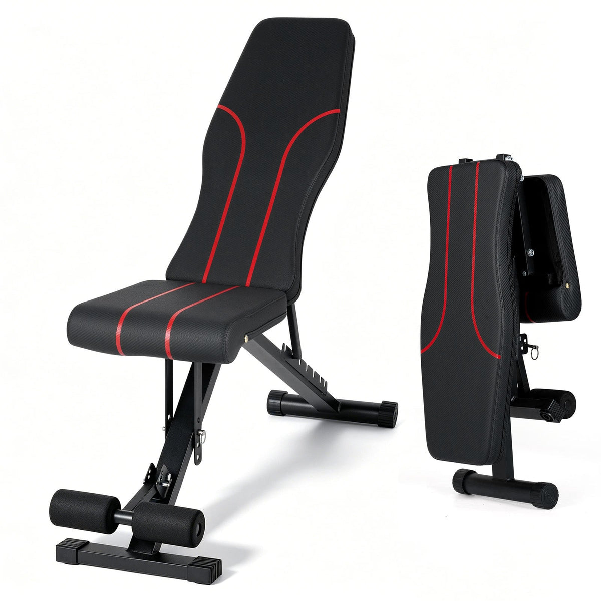 Adjustable Foldable Black Dumbbell Bench with PU Upholstery shown in upright and folded positions