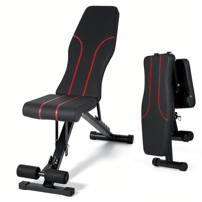 Adjustable Foldable Black Dumbbell Bench with PU Upholstery shown in upright and folded positions
