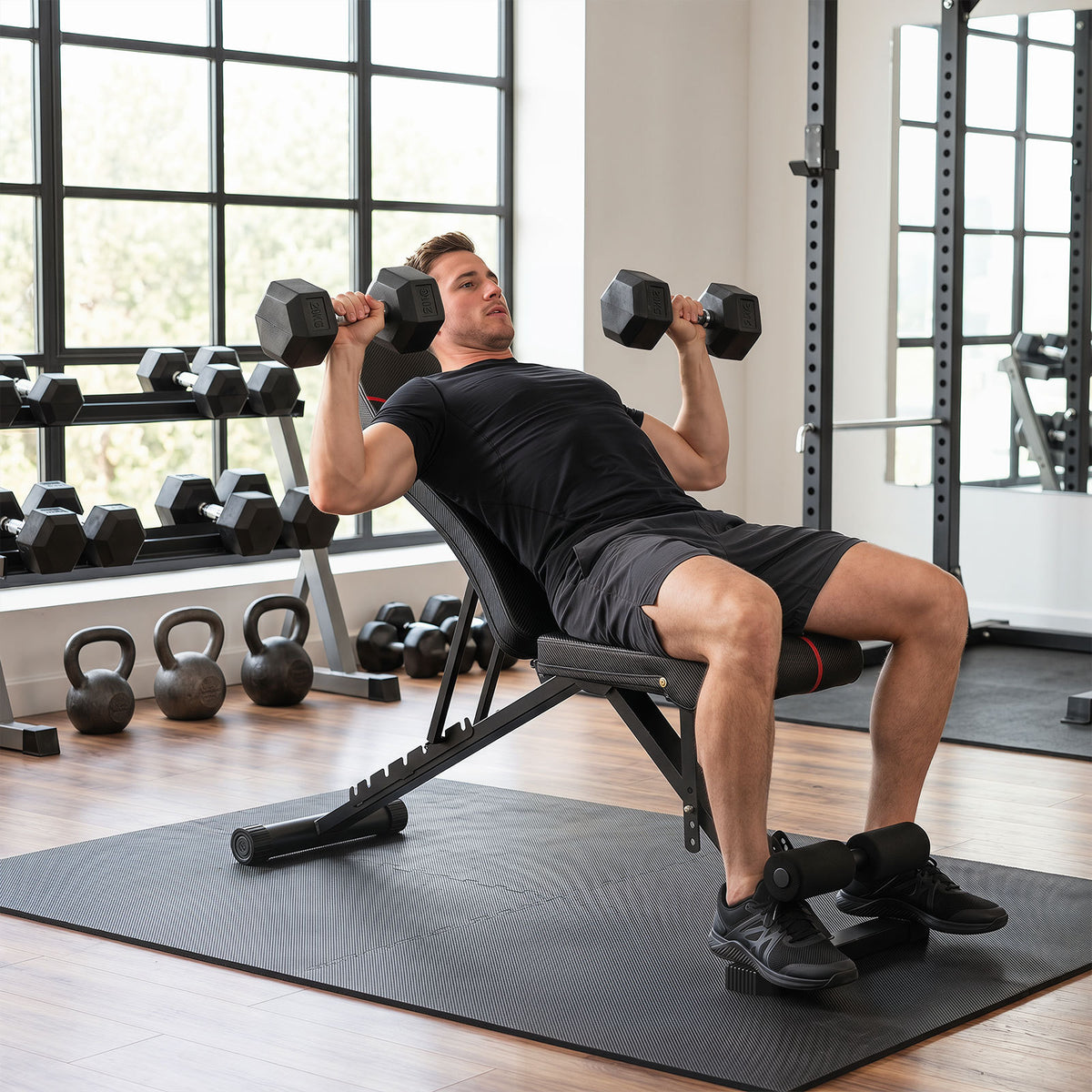The workout bench in an inclined position with a man lifting dumbbells in a gym