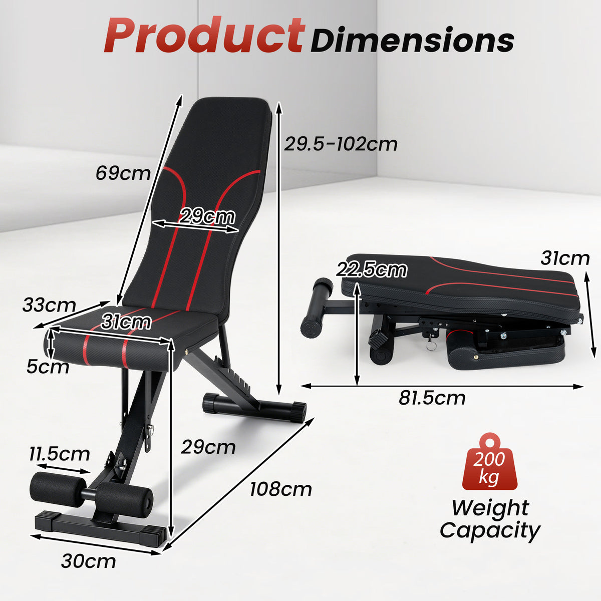 The fitness bench showing various measurements and weight capacity in a diagram