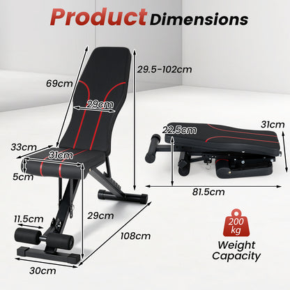 The fitness bench showing various measurements and weight capacity in a diagram