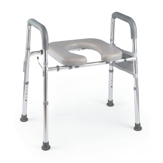 Adjustable Height and Width Raised Toilet Seat with padded arms and a storage bag