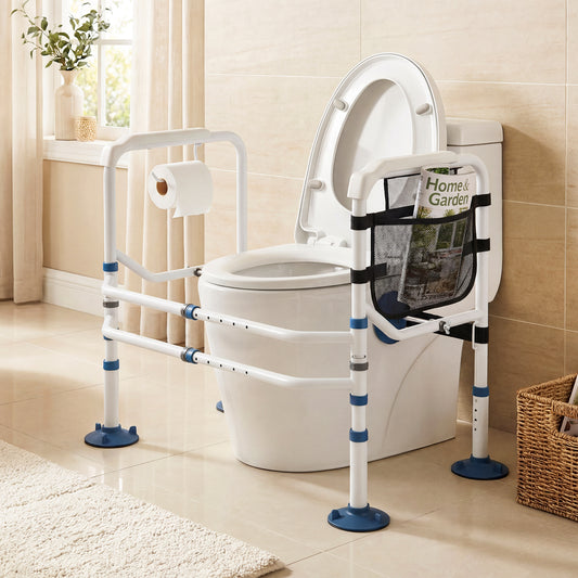 The bath safety frame positioned around a white toilet in a bright modern bathroom setting