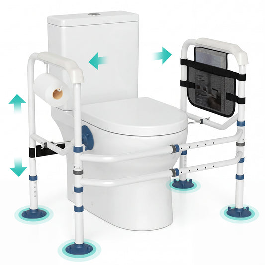 Adjustable Height and Width Toilet Safety Rails shown with arrows indicating movement and adjustment
