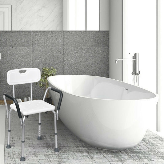 The bath safety chair is shown next to a modern white bathtub in a bathroom