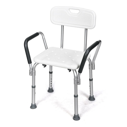 Adjustable Height Bath / Shower Chair with removable back and armrests, white seat and back, silver frame