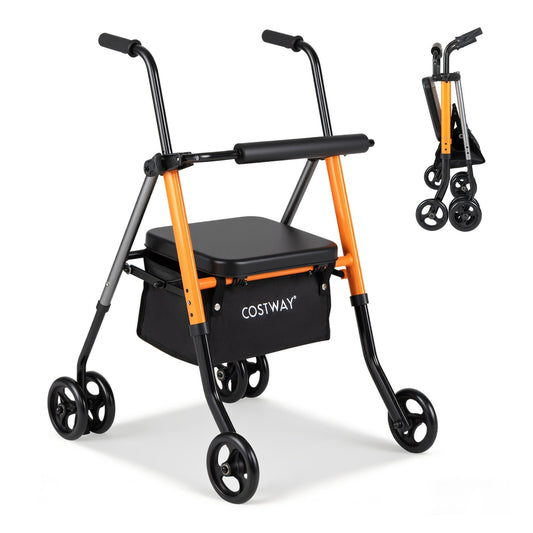 The rolling walker with a seat and storage bag shown in an open and a folded position