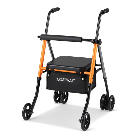 Adjustable Height Folding Lightweight Rollator Walker with Backrest in black with orange frame