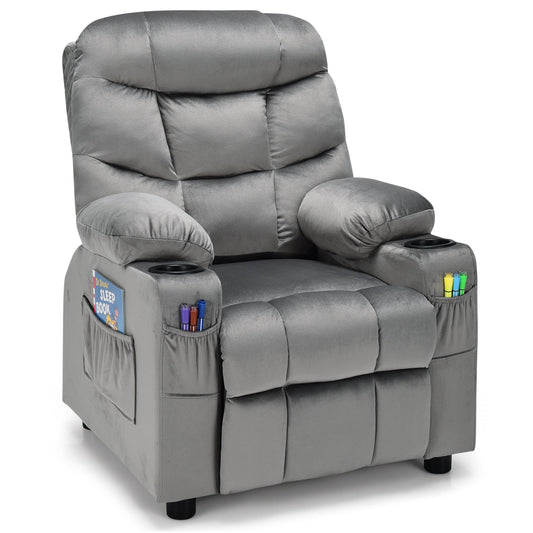 Adjustable Larger Kids Lounge Recliner Chair in grey velvet with two cup holders and side pockets