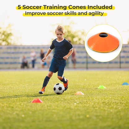 A boy dribbles a football around training cones on a sports field