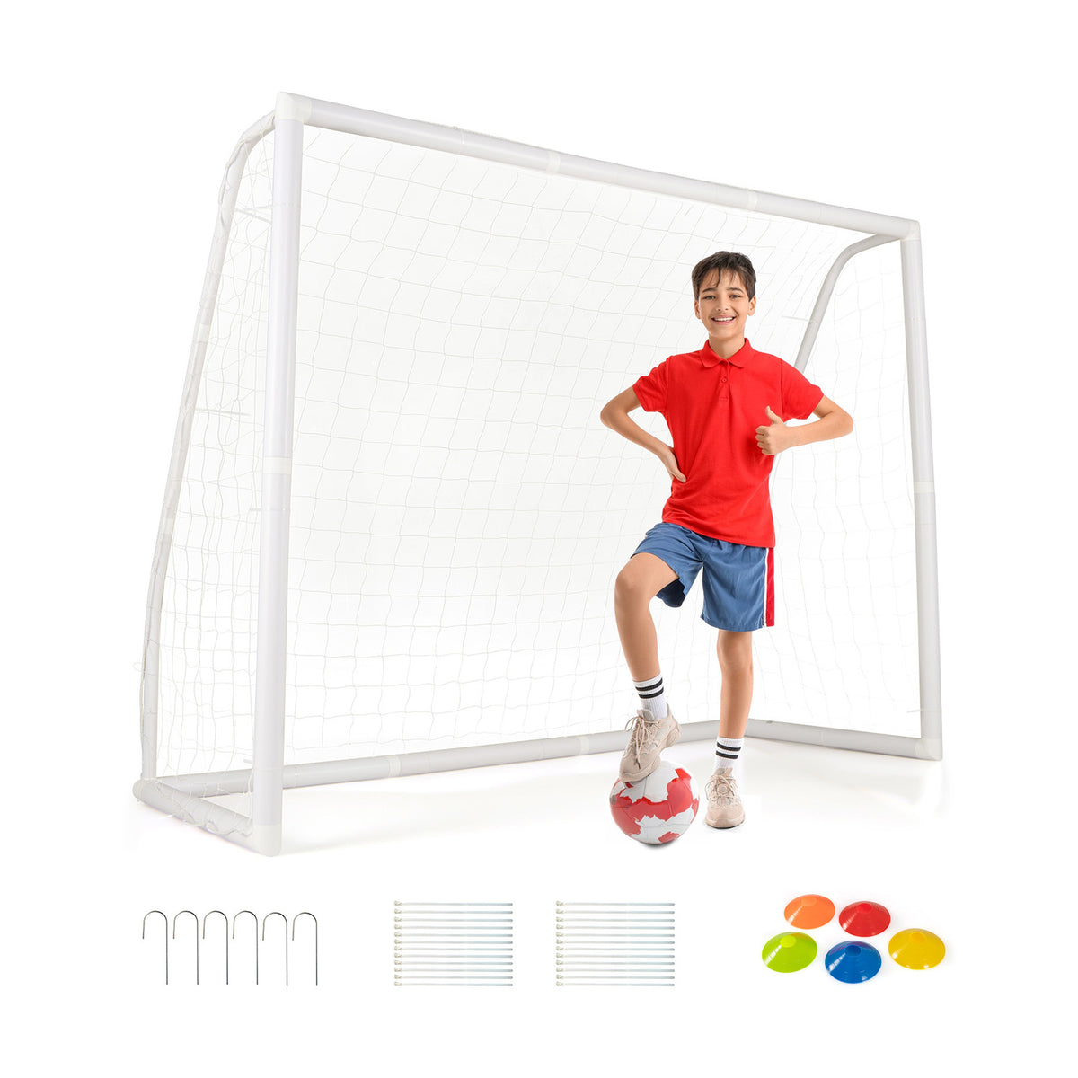 Adjustable Soccer Goal Football Training Equipment with 5 Soccer Training Cones shown with a boy, a football and training
